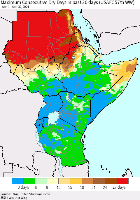 Eastern Africa Maximum Consecutive Dry Days in past 30 days (USAF 557th WW) 04/30/2024 Thematic Map For 4/26/2024 - 4/30/2024