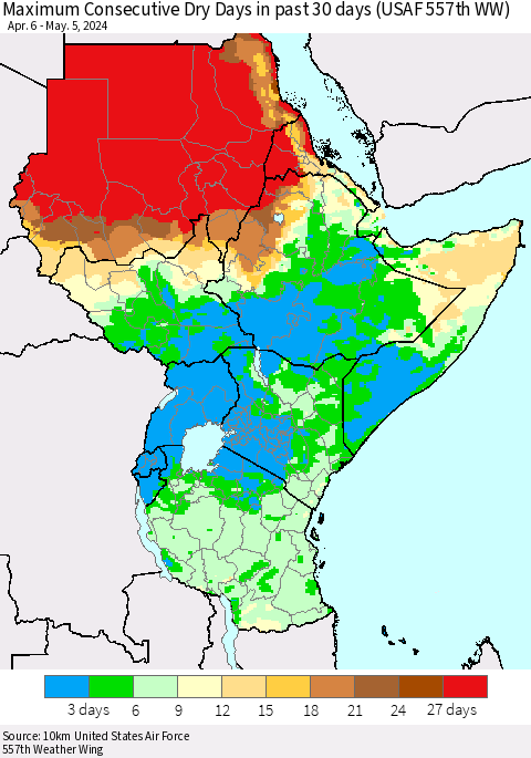 Eastern Africa Maximum Consecutive Dry Days in past 30 days (USAF 557th WW) 05/05/2024 Thematic Map For 5/1/2024 - 5/5/2024