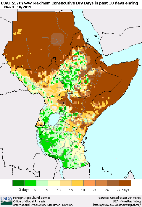 Eastern Africa Maximum Consecutive Dry Days in past 30 days (USAF 557th WW) 03/10/2019 Thematic Map For 3/4/2019 - 3/10/2019
