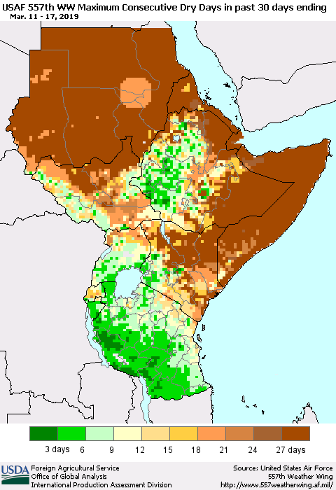 Eastern Africa Maximum Consecutive Dry Days in past 30 days (USAF 557th WW) 03/17/2019 Thematic Map For 3/11/2019 - 3/17/2019
