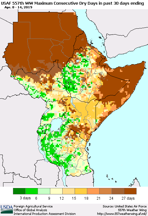 Eastern Africa Maximum Consecutive Dry Days in past 30 days (USAF 557th WW) 04/14/2019 Thematic Map For 4/8/2019 - 4/14/2019