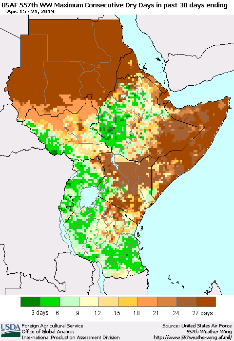 Eastern Africa Maximum Consecutive Dry Days in past 30 days (USAF 557th WW) 04/21/2019 Thematic Map For 4/15/2019 - 4/21/2019