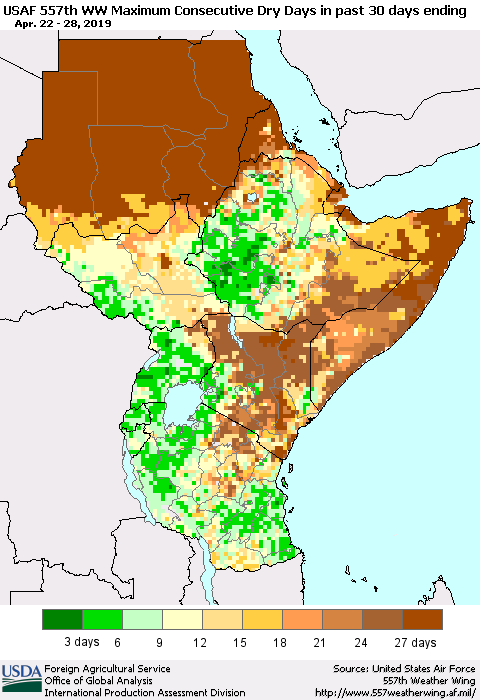 Eastern Africa Maximum Consecutive Dry Days in past 30 days (USAF 557th WW) 04/28/2019 Thematic Map For 4/22/2019 - 4/28/2019
