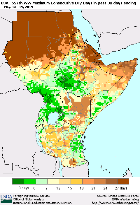 Eastern Africa Maximum Consecutive Dry Days in past 30 days (USAF 557th WW) 05/19/2019 Thematic Map For 5/13/2019 - 5/19/2019
