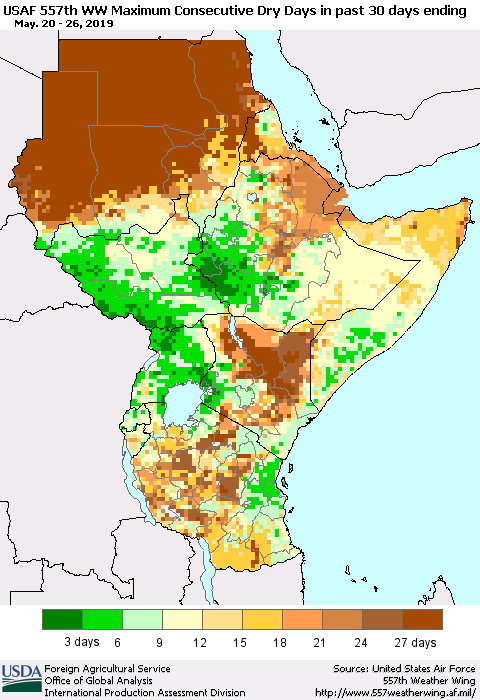 Eastern Africa Maximum Consecutive Dry Days in past 30 days (USAF 557th WW) 05/26/2019 Thematic Map For 5/20/2019 - 5/26/2019