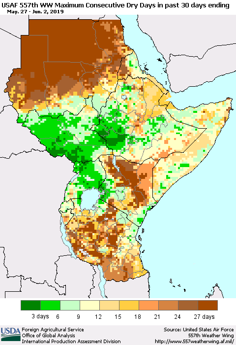 Eastern Africa Maximum Consecutive Dry Days in past 30 days (USAF 557th WW) 06/02/2019 Thematic Map For 5/27/2019 - 6/2/2019