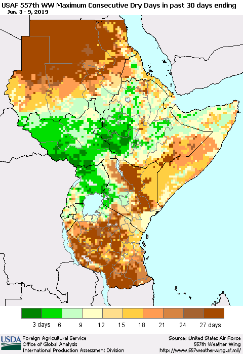 Eastern Africa Maximum Consecutive Dry Days in past 30 days (USAF 557th WW) 06/09/2019 Thematic Map For 6/3/2019 - 6/9/2019
