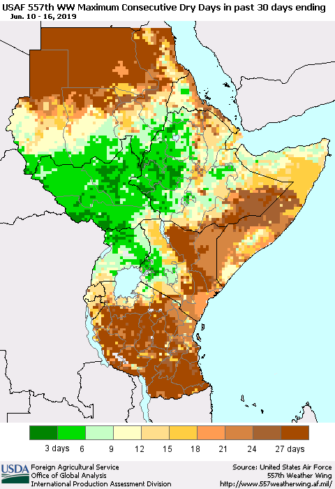 Eastern Africa Maximum Consecutive Dry Days in past 30 days (USAF 557th WW) 06/16/2019 Thematic Map For 6/10/2019 - 6/16/2019