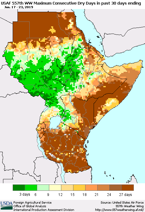 Eastern Africa Maximum Consecutive Dry Days in past 30 days (USAF 557th WW) 06/23/2019 Thematic Map For 6/17/2019 - 6/23/2019