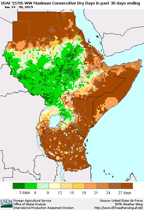 Eastern Africa Maximum Consecutive Dry Days in past 30 days (USAF 557th WW) 06/30/2019 Thematic Map For 6/24/2019 - 6/30/2019