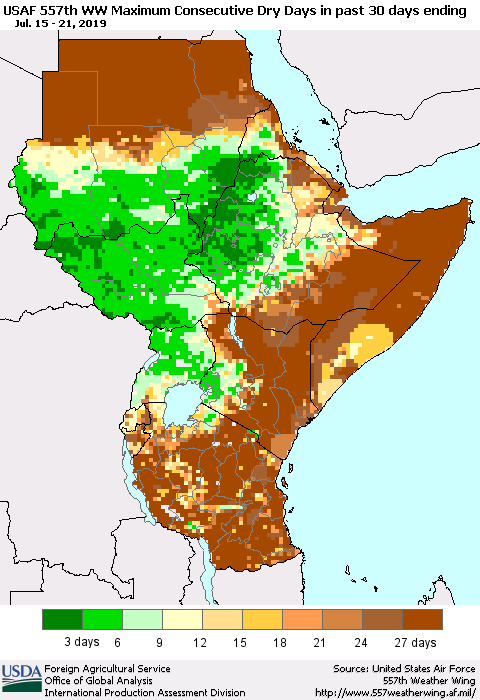 Eastern Africa Maximum Consecutive Dry Days in past 30 days (USAF 557th WW) 07/21/2019 Thematic Map For 7/15/2019 - 7/21/2019