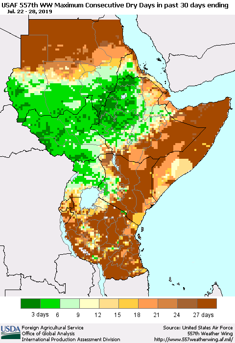 Eastern Africa Maximum Consecutive Dry Days in past 30 days (USAF 557th WW) 07/28/2019 Thematic Map For 7/22/2019 - 7/28/2019