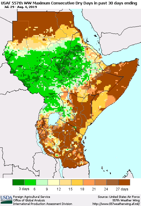 Eastern Africa Maximum Consecutive Dry Days in past 30 days (USAF 557th WW) 08/04/2019 Thematic Map For 7/29/2019 - 8/4/2019
