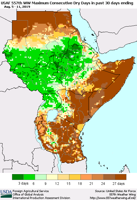 Eastern Africa Maximum Consecutive Dry Days in past 30 days (USAF 557th WW) 08/11/2019 Thematic Map For 8/5/2019 - 8/11/2019