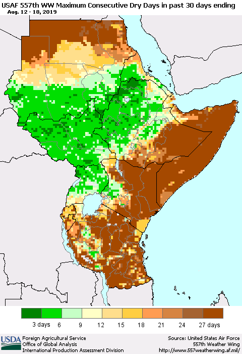 Eastern Africa Maximum Consecutive Dry Days in past 30 days (USAF 557th WW) 08/18/2019 Thematic Map For 8/12/2019 - 8/18/2019