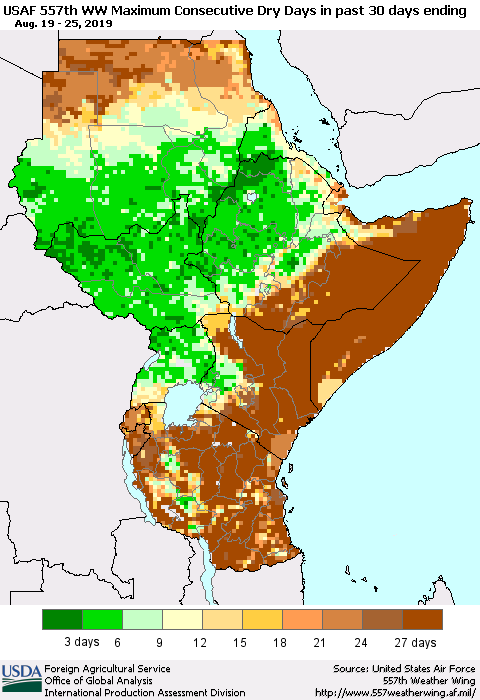 Eastern Africa Maximum Consecutive Dry Days in past 30 days (USAF 557th WW) 08/25/2019 Thematic Map For 8/19/2019 - 8/25/2019