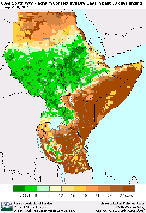 Eastern Africa Maximum Consecutive Dry Days in past 30 days (USAF 557th WW) 09/08/2019 Thematic Map For 9/2/2019 - 9/8/2019