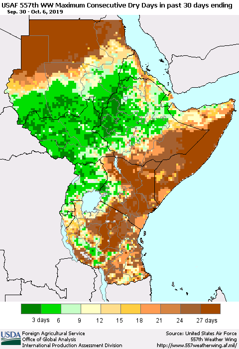 Eastern Africa Maximum Consecutive Dry Days in past 30 days (USAF 557th WW) 10/06/2019 Thematic Map For 9/30/2019 - 10/6/2019