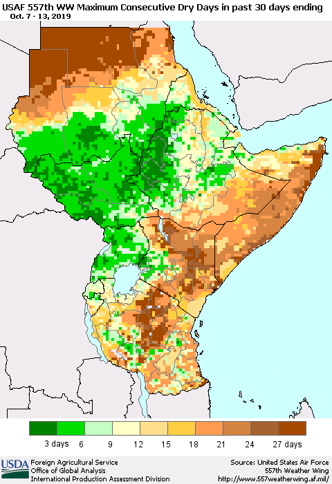 Eastern Africa Maximum Consecutive Dry Days in past 30 days (USAF 557th WW) 10/13/2019 Thematic Map For 10/7/2019 - 10/13/2019