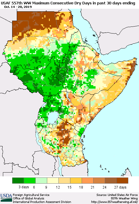 Eastern Africa Maximum Consecutive Dry Days in past 30 days (USAF 557th WW) 10/20/2019 Thematic Map For 10/14/2019 - 10/20/2019
