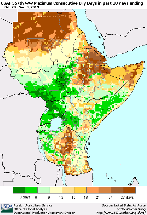 Eastern Africa Maximum Consecutive Dry Days in past 30 days (USAF 557th WW) 11/03/2019 Thematic Map For 10/28/2019 - 11/3/2019