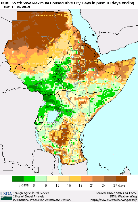 Eastern Africa Maximum Consecutive Dry Days in past 30 days (USAF 557th WW) 11/10/2019 Thematic Map For 11/4/2019 - 11/10/2019