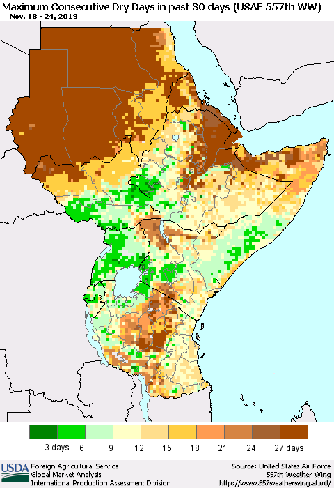 Eastern Africa Maximum Consecutive Dry Days in past 30 days (USAF 557th WW) 11/24/2019 Thematic Map For 11/18/2019 - 11/24/2019
