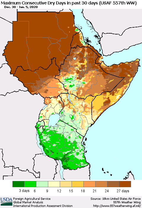 Eastern Africa Maximum Consecutive Dry Days in past 30 days (USAF 557th WW) 01/05/2020 Thematic Map For 12/30/2019 - 1/5/2020