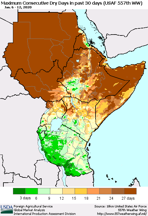 Eastern Africa Maximum Consecutive Dry Days in past 30 days (USAF 557th WW) 01/12/2020 Thematic Map For 1/6/2020 - 1/12/2020