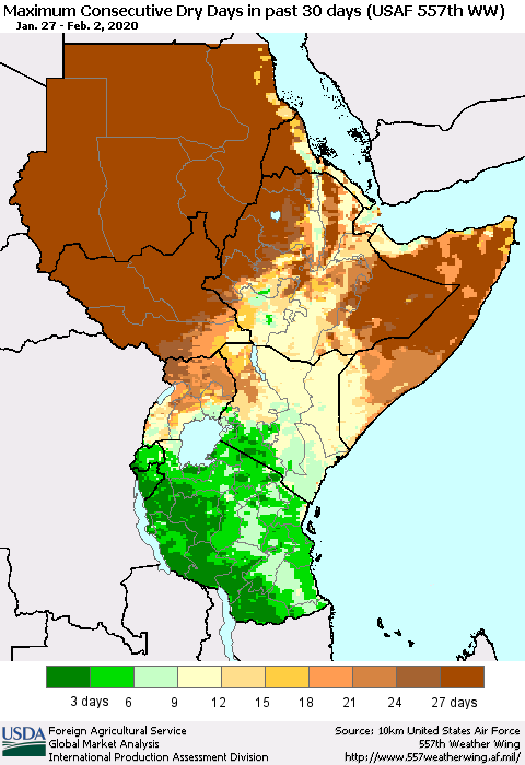 Eastern Africa Maximum Consecutive Dry Days in past 30 days (USAF 557th WW) 02/02/2020 Thematic Map For 1/27/2020 - 2/2/2020