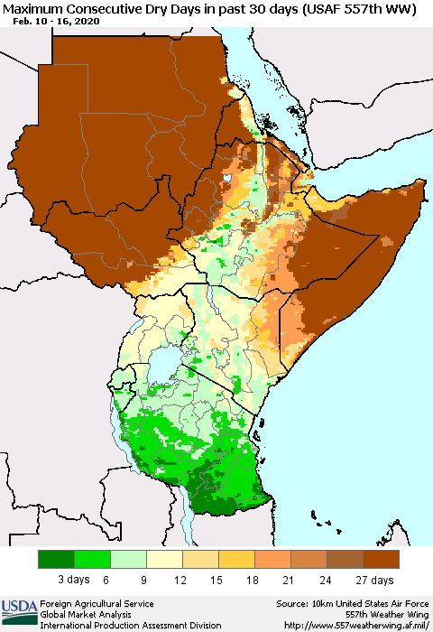 Eastern Africa Maximum Consecutive Dry Days in past 30 days (USAF 557th WW) 02/16/2020 Thematic Map For 2/10/2020 - 2/16/2020