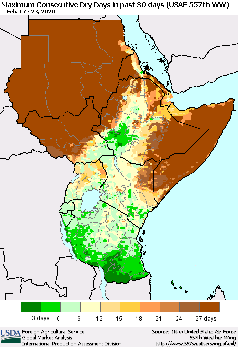 Eastern Africa Maximum Consecutive Dry Days in past 30 days (USAF 557th WW) 02/23/2020 Thematic Map For 2/17/2020 - 2/23/2020