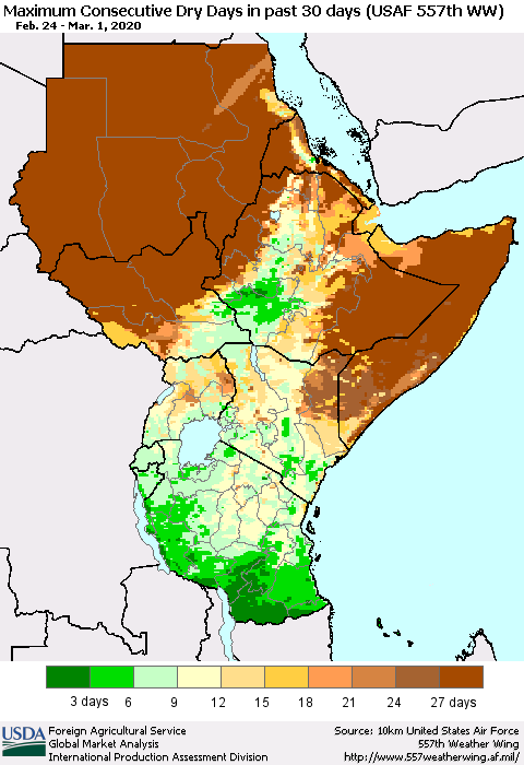Eastern Africa Maximum Consecutive Dry Days in past 30 days (USAF 557th WW) 03/01/2020 Thematic Map For 2/24/2020 - 3/1/2020