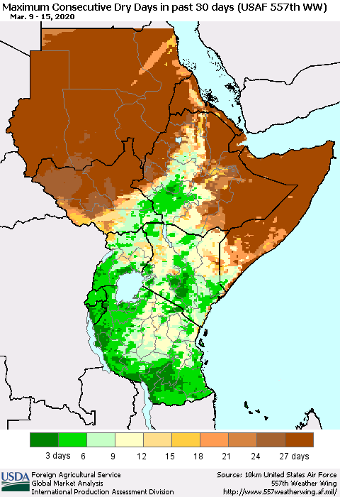 Eastern Africa Maximum Consecutive Dry Days in past 30 days (USAF 557th WW) 03/15/2020 Thematic Map For 3/9/2020 - 3/15/2020