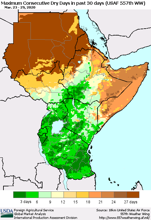 Eastern Africa Maximum Consecutive Dry Days in past 30 days (USAF 557th WW) 03/29/2020 Thematic Map For 3/23/2020 - 3/29/2020