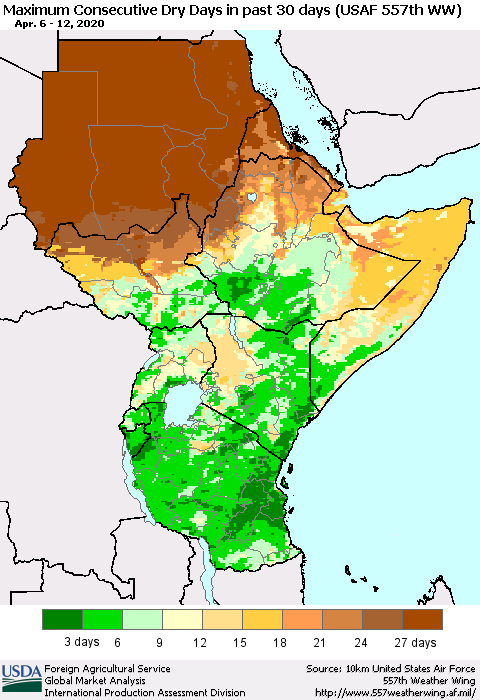 Eastern Africa Maximum Consecutive Dry Days in past 30 days (USAF 557th WW) 04/12/2020 Thematic Map For 4/6/2020 - 4/12/2020