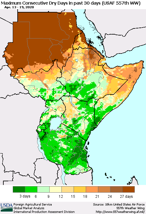 Eastern Africa Maximum Consecutive Dry Days in past 30 days (USAF 557th WW) 04/19/2020 Thematic Map For 4/13/2020 - 4/19/2020