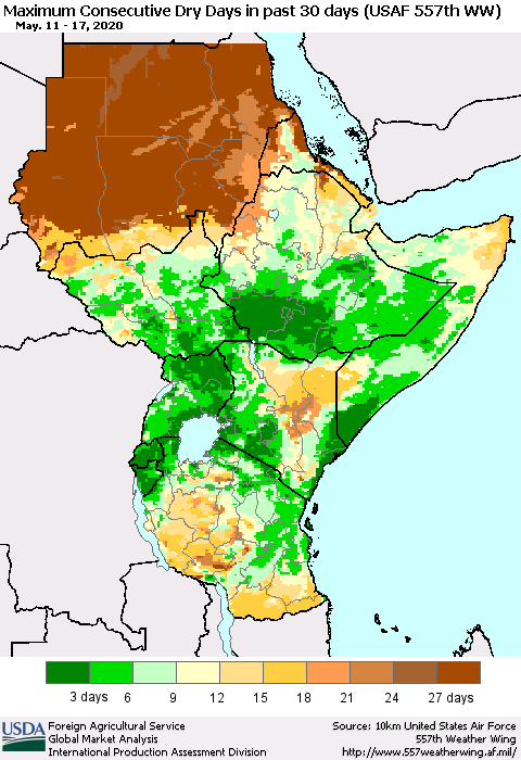 Eastern Africa Maximum Consecutive Dry Days in past 30 days (USAF 557th WW) 05/17/2020 Thematic Map For 5/11/2020 - 5/17/2020