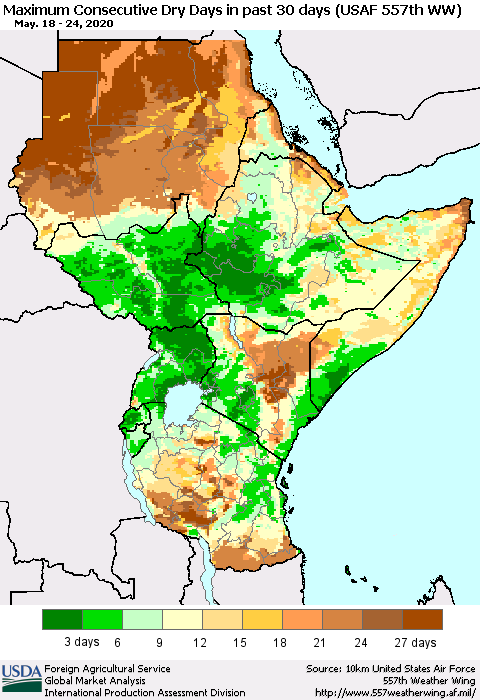 Eastern Africa Maximum Consecutive Dry Days in past 30 days (USAF 557th WW) 05/24/2020 Thematic Map For 5/18/2020 - 5/24/2020