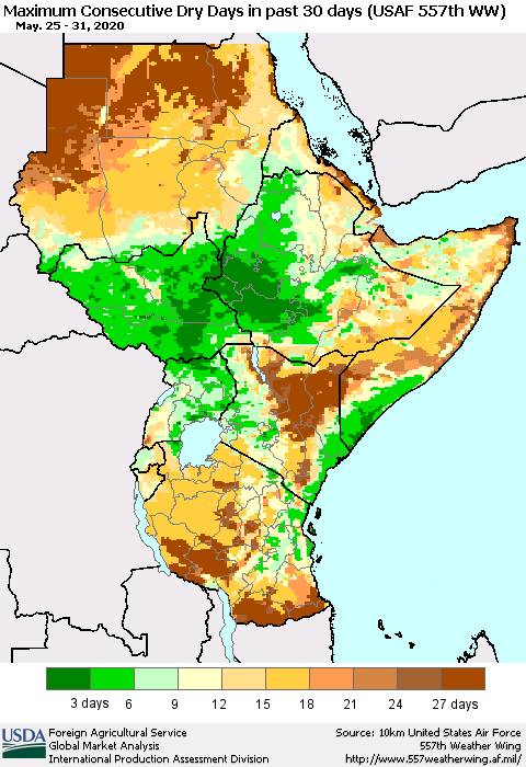 Eastern Africa Maximum Consecutive Dry Days in past 30 days (USAF 557th WW) 05/31/2020 Thematic Map For 5/25/2020 - 5/31/2020