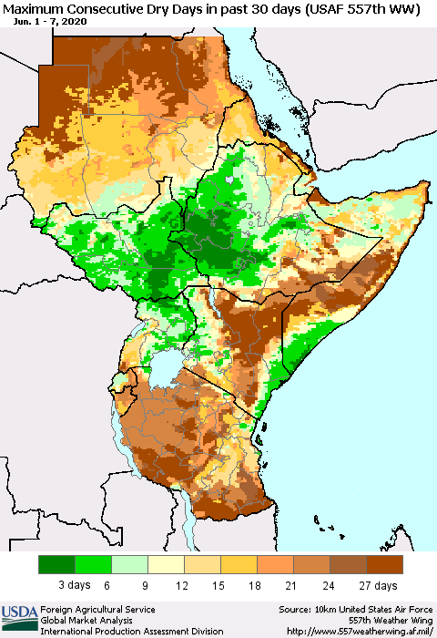 Eastern Africa Maximum Consecutive Dry Days in past 30 days (USAF 557th WW) 06/07/2020 Thematic Map For 6/1/2020 - 6/7/2020