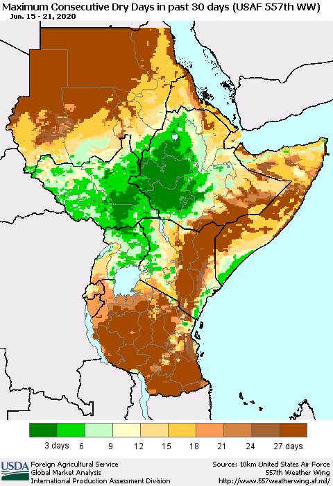 Eastern Africa Maximum Consecutive Dry Days in past 30 days (USAF 557th WW) 06/21/2020 Thematic Map For 6/15/2020 - 6/21/2020