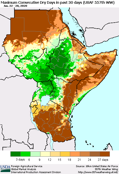 Eastern Africa Maximum Consecutive Dry Days in past 30 days (USAF 557th WW) 06/28/2020 Thematic Map For 6/22/2020 - 6/28/2020