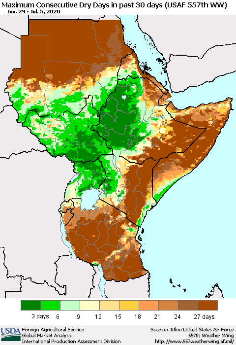 Eastern Africa Maximum Consecutive Dry Days in past 30 days (USAF 557th WW) 07/05/2020 Thematic Map For 6/29/2020 - 7/5/2020