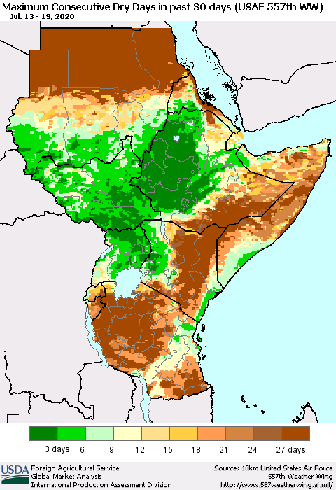 Eastern Africa Maximum Consecutive Dry Days in past 30 days (USAF 557th WW) 07/19/2020 Thematic Map For 7/13/2020 - 7/19/2020