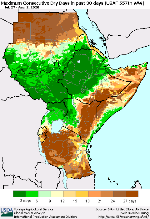Eastern Africa Maximum Consecutive Dry Days in past 30 days (USAF 557th WW) 08/02/2020 Thematic Map For 7/27/2020 - 8/2/2020