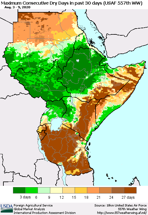 Eastern Africa Maximum Consecutive Dry Days in past 30 days (USAF 557th WW) 08/09/2020 Thematic Map For 8/3/2020 - 8/9/2020