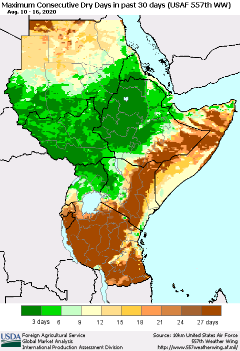 Eastern Africa Maximum Consecutive Dry Days in past 30 days (USAF 557th WW) 08/16/2020 Thematic Map For 8/10/2020 - 8/16/2020