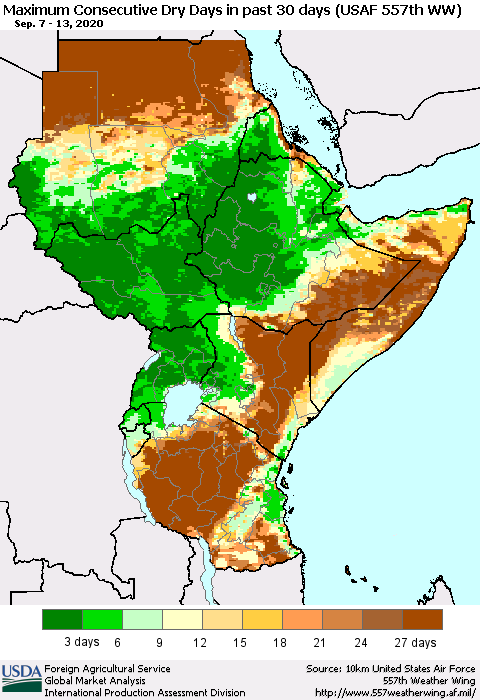 Eastern Africa Maximum Consecutive Dry Days in past 30 days (USAF 557th WW) 09/13/2020 Thematic Map For 9/7/2020 - 9/13/2020