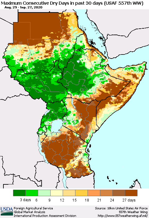 Eastern Africa Maximum Consecutive Dry Days in past 30 days (USAF 557th WW) 09/27/2020 Thematic Map For 9/21/2020 - 9/27/2020